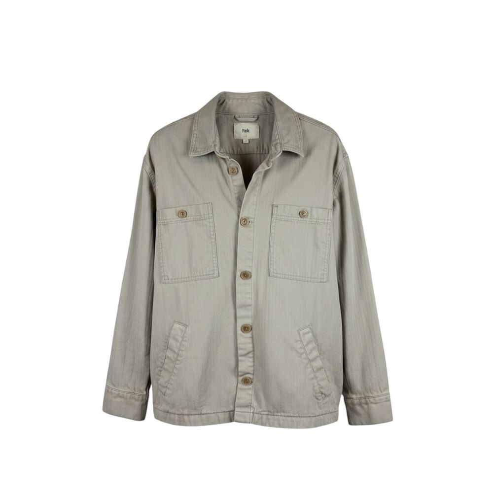 Folk light grey herringbone cotton jacket with button front, dual chest pockets,